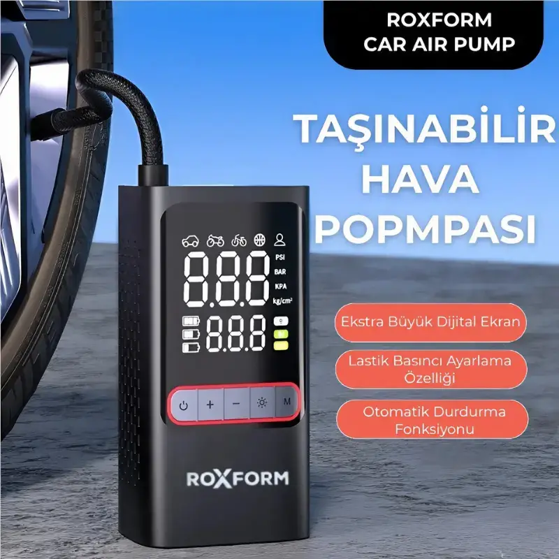 Roxform Car Air Pump – 80W Güçlü Taşınabilir Araç Lastik Şişirme Pompası | 4.000 mAh Batarya, 150 PSI - 2