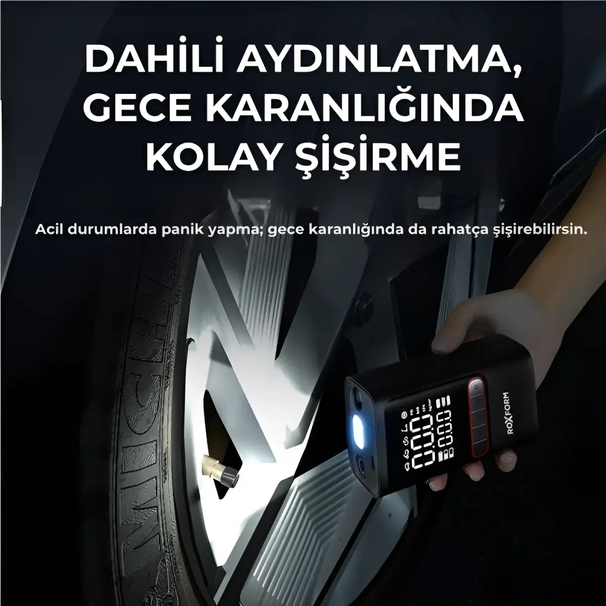 Roxform Car Air Pump – 80W Güçlü Taşınabilir Araç Lastik Şişirme Pompası | 4.000 mAh Batarya, 150 PSI - 4