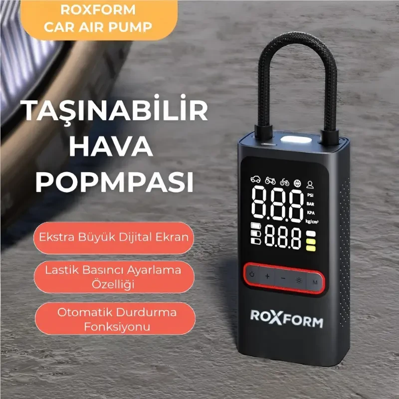 Roxform Car Air Pump – 80W Güçlü Taşınabilir Araç Lastik Şişirme Pompası | 4.000 mAh Batarya, 150 PSI - 5