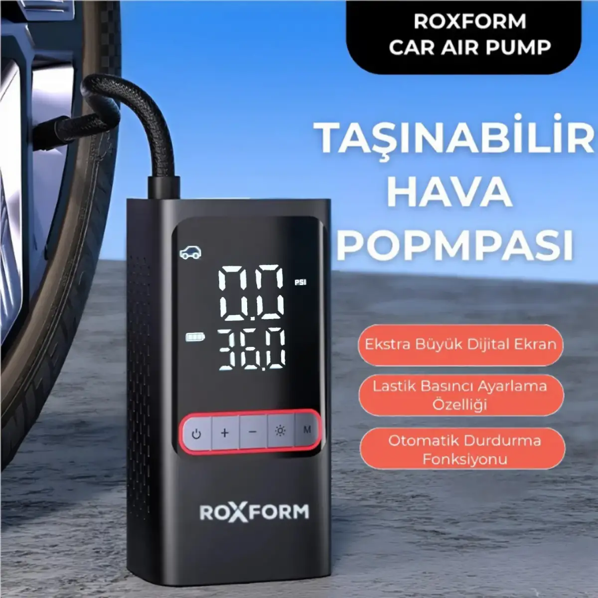 Roxform Car Air Pump – 80W Güçlü Taşınabilir Araç Lastik Şişirme Pompası | 4.000 mAh Batarya, 150 PSI - 2