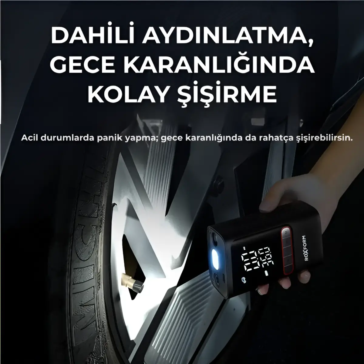 Roxform Car Air Pump – 80W Güçlü Taşınabilir Araç Lastik Şişirme Pompası | 4.000 mAh Batarya, 150 PSI - 3