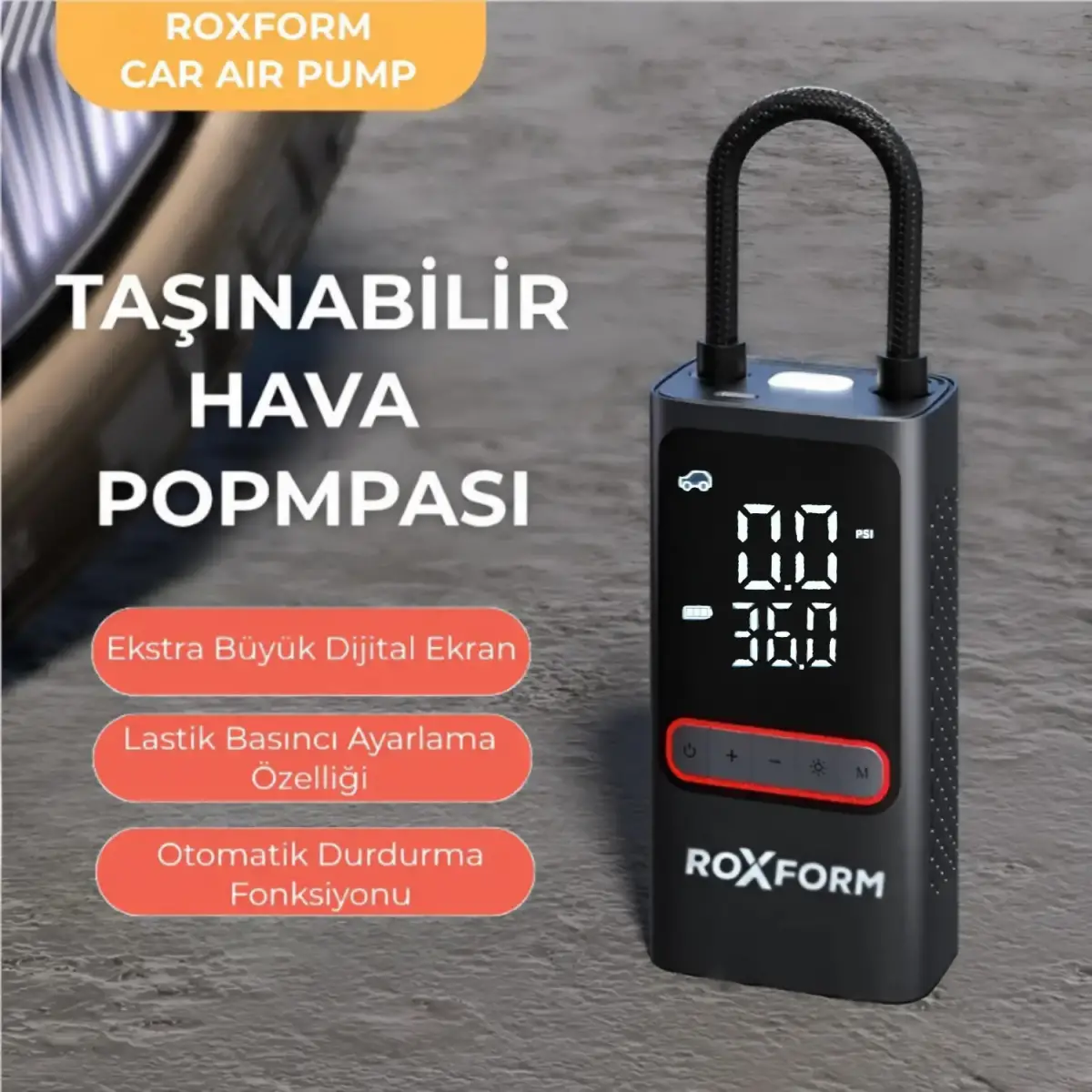 Roxform Car Air Pump – 80W Güçlü Taşınabilir Araç Lastik Şişirme Pompası | 4.000 mAh Batarya, 150 PSI - 4
