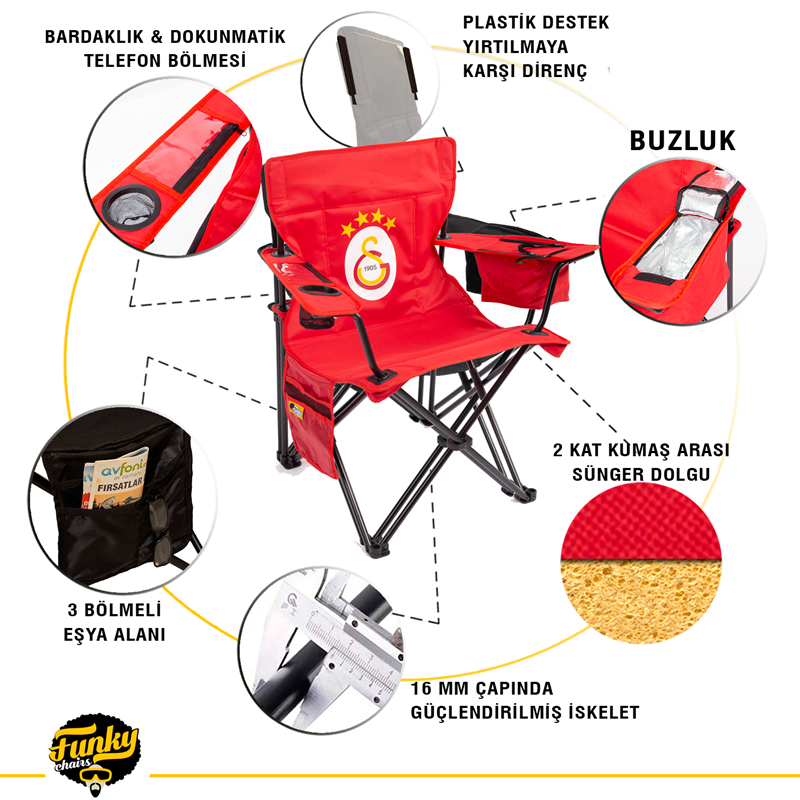 FUNKY CHAIRS Galatasaray Lisanslı Katlanabilir Kamp Sandalyesi Buzluklu - 5