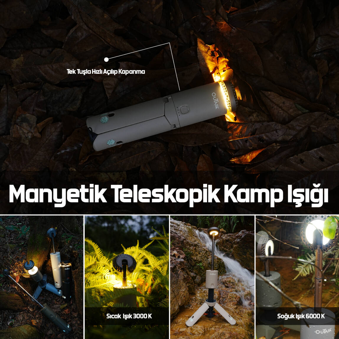 OUTASK Teleskopik Taşınabilir Şarjlı Kamp Feneri, Katlanabilir, Manyetik, 12000mAh Bataryalı, Powerbank Özellikli, Su Geçirmez, LED 720° Aydınlatma, Kamp Lambası, El Feneri - 4