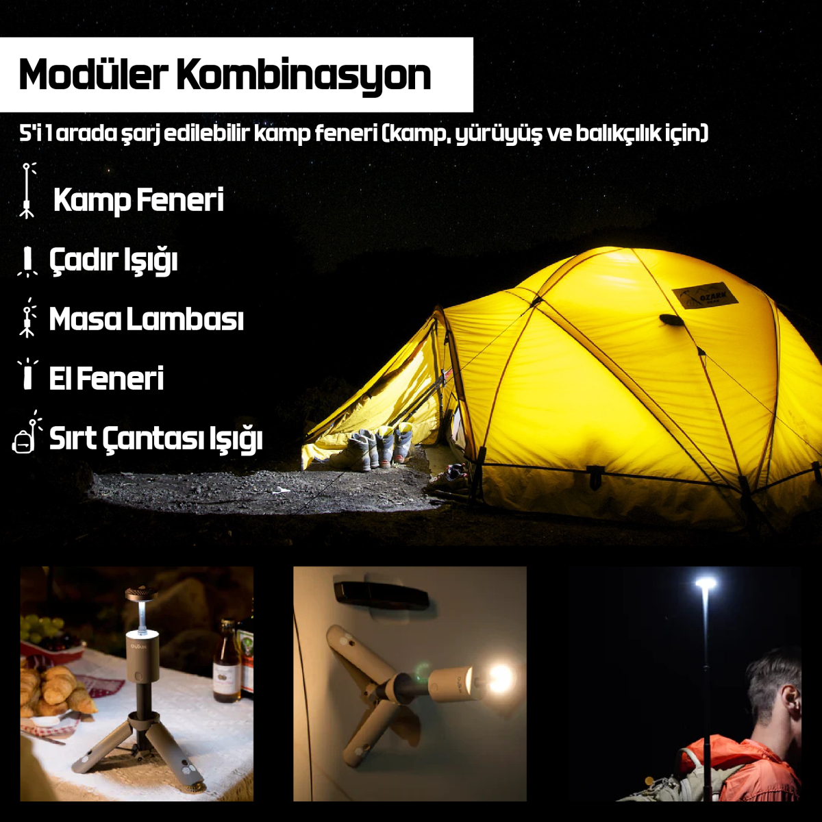 OUTASK Teleskopik Taşınabilir Şarjlı Kamp Feneri, Katlanabilir, Manyetik, 12000mAh Bataryalı, Powerbank Özellikli, Su Geçirmez, LED 720° Aydınlatma, Kamp Lambası, El Feneri - 5