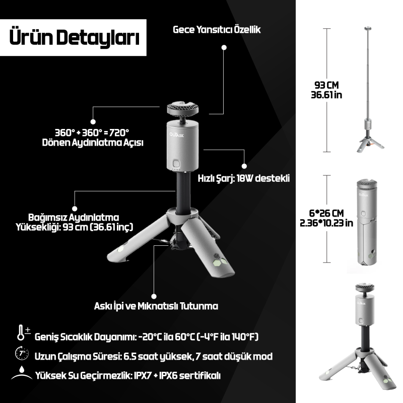 OUTASK Teleskopik Taşınabilir Şarjlı Kamp Feneri, Katlanabilir, Manyetik, 12000mAh Bataryalı, Powerbank Özellikli, Su Geçirmez, LED 720° Aydınlatma, Kamp Lambası, El Feneri - 6