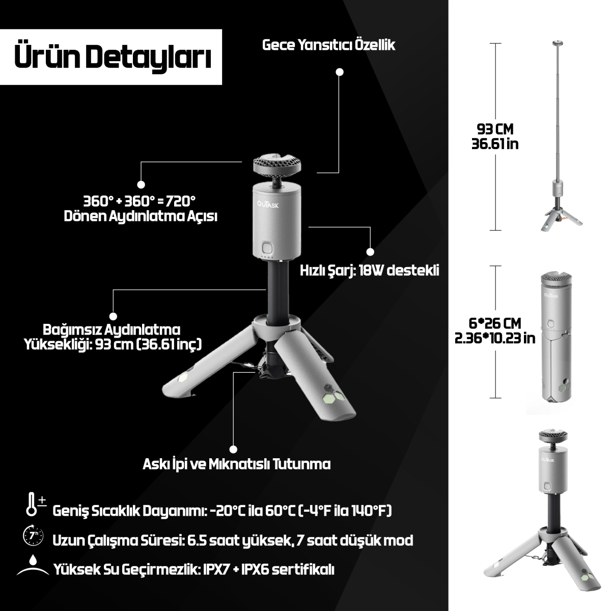 OUTASK Teleskopik Taşınabilir Şarjlı Kamp Feneri, Katlanabilir, Manyetik, 12000mAh Bataryalı, Powerbank Özellikli, Su Geçirmez, LED 720° Aydınlatma, Kamp Lambası, El Feneri - 6