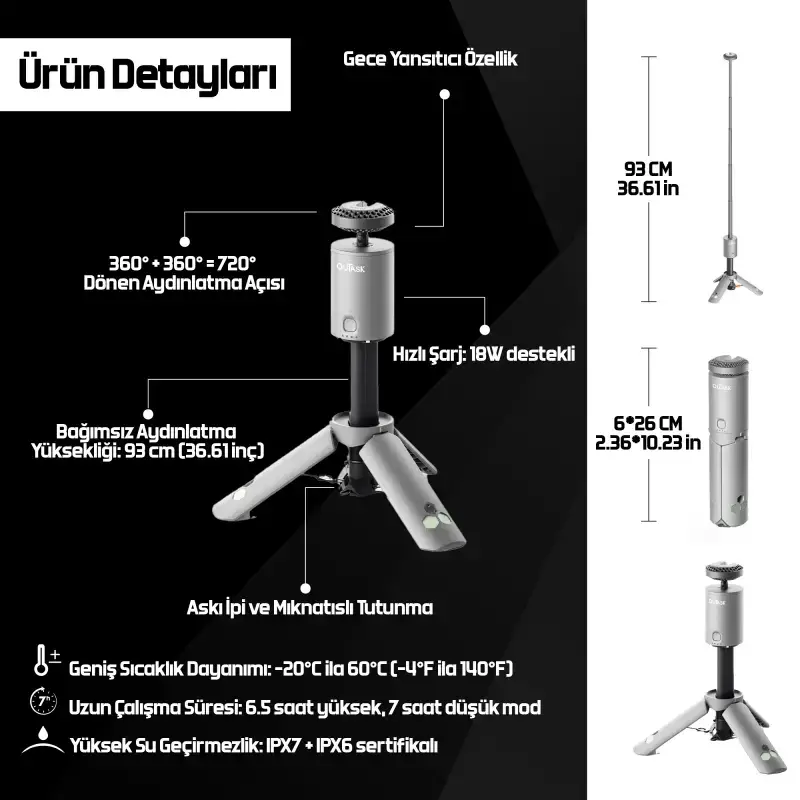OUTASK Teleskopik Taşınabilir Şarjlı Kamp ve Balıkçı Feneri, Katlanabilir, Manyetik, 12000mAh Bataryalı, Powerbank Özellikli, Su Geçirmez, LED 720° Aydınlatma, Kamp Lambası, El Feneri - 9
