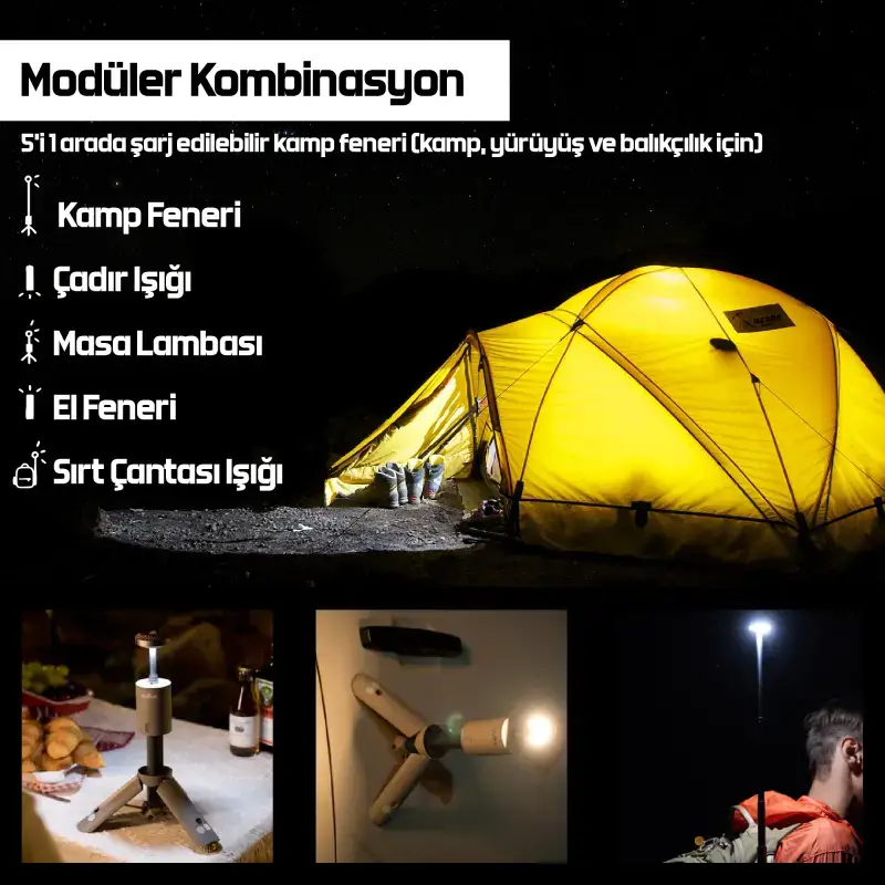 OUTASK Teleskopik Taşınabilir Şarjlı Kamp ve Balıkçı Feneri, Katlanabilir, Manyetik, 12000mAh Bataryalı, Powerbank Özellikli, Su Geçirmez, LED 720° Aydınlatma, Kamp Lambası, El Feneri - 6