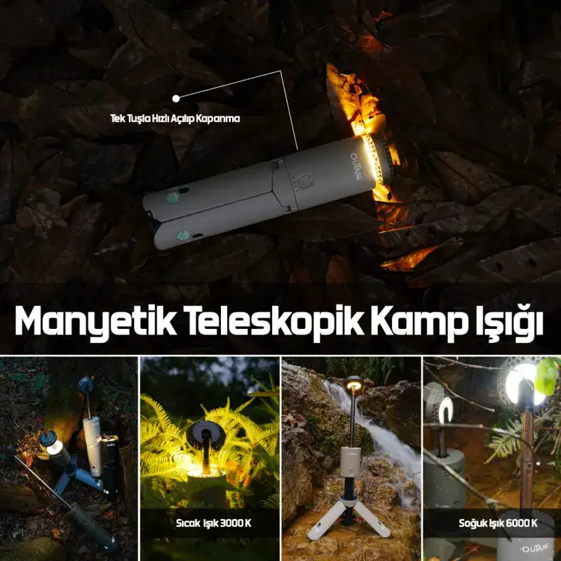 OUTASK Teleskopik Taşınabilir Şarjlı Kamp ve Balıkçı Feneri, Katlanabilir, Manyetik, 12000mAh Bataryalı, Powerbank Özellikli, Su Geçirmez, LED 720° Aydınlatma, Kamp Lambası, El Feneri - 5