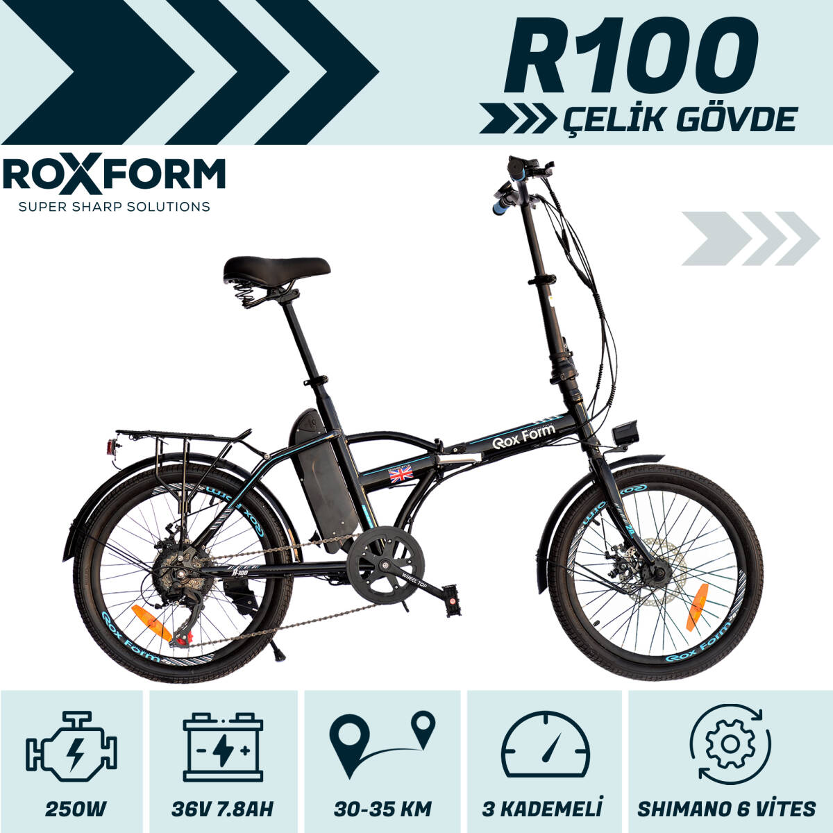 Roxform R-100 Elektrikli Katlanabilir Bisiklet 20 İnç Siyah - 2