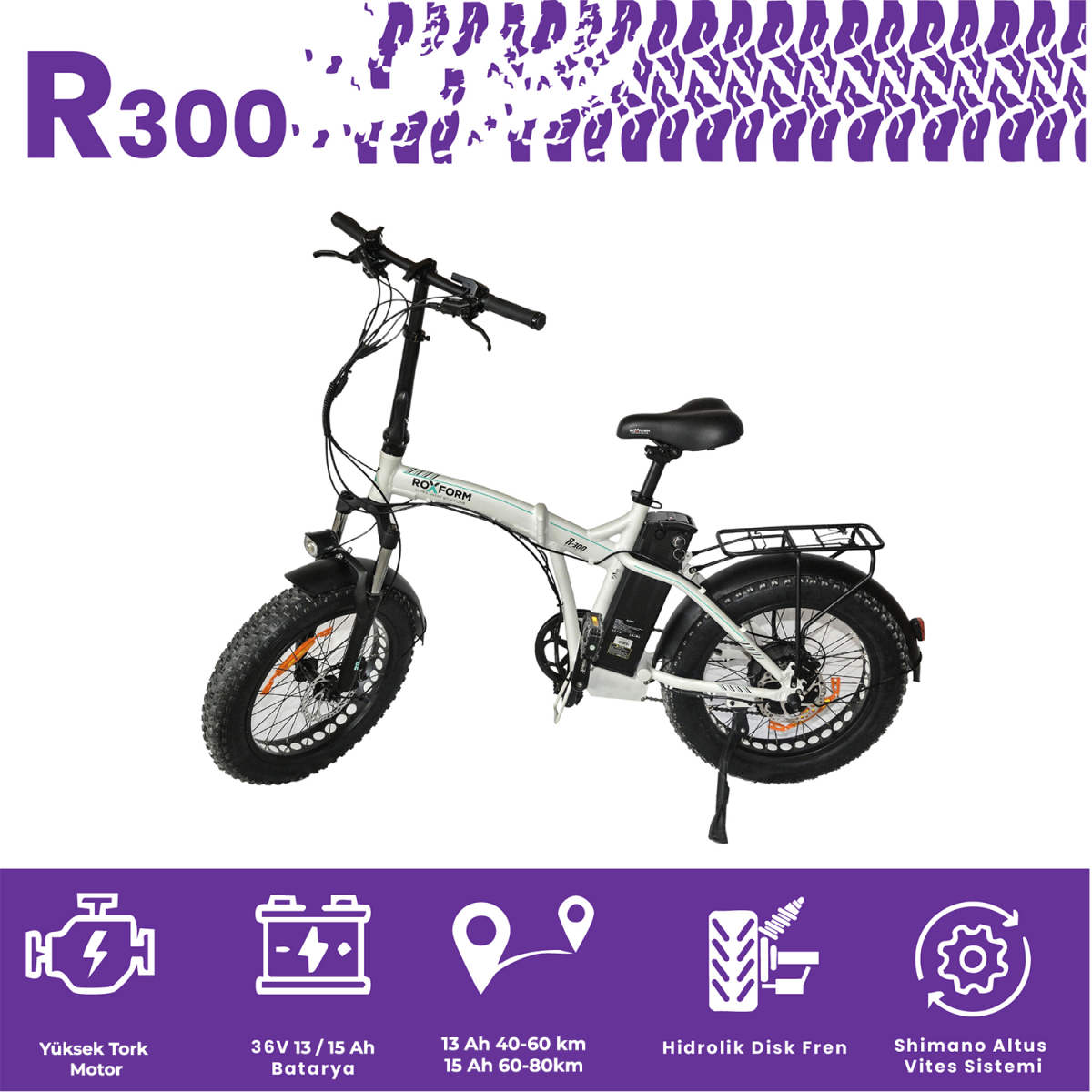 Roxform R-300 Elektrikli Katlanabilir Bisiklet 13AH/15AH Shimano Altus Hidrolik Fren Alüminyum Kadro - 26