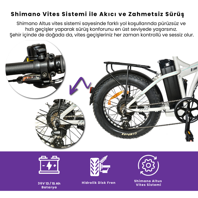 Roxform R-300 Elektrikli Katlanabilir Bisiklet 13AH/15AH Shimano Altus Hidrolik Fren Alüminyum Kadro - 53