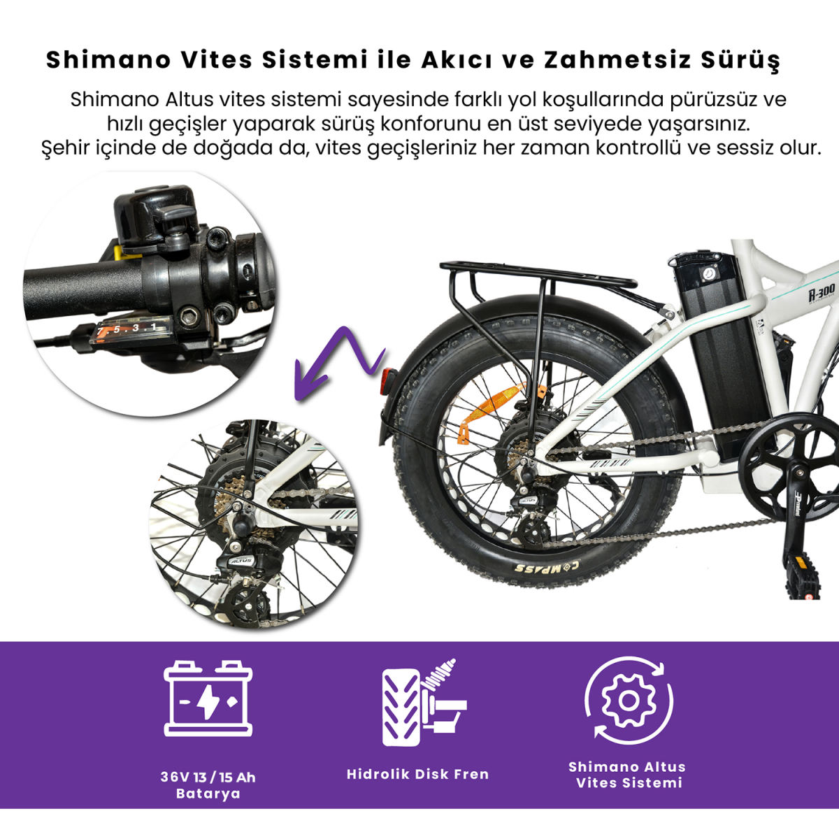Roxform R-300 Elektrikli Katlanabilir Bisiklet 13AH/15AH Shimano Altus Hidrolik Fren Alüminyum Kadro - 53