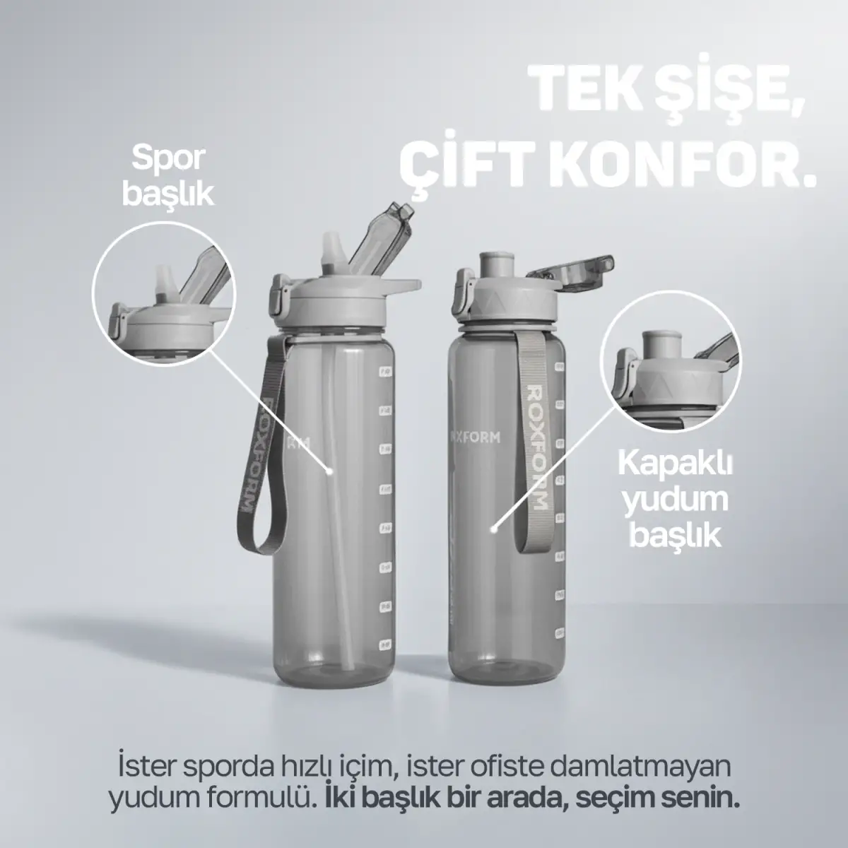 Roxform Suluk Matara 1100 ml, Premium PP Malzeme, Sağlıklı BPA & BPS İçermez, Kılıflı, Çift Kapaklı, Koku Yapmaz, Sızdırmaz ve Dayanıklı, Gri - 6