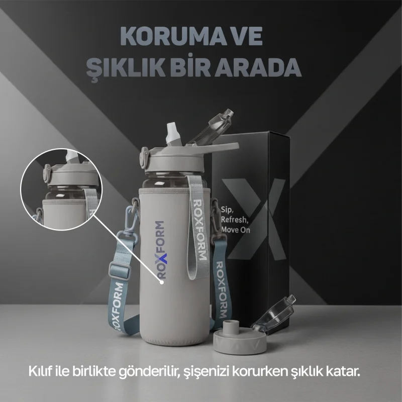Roxform Suluk Matara 1100 ml, Premium PP Malzeme, Sağlıklı BPA & BPS İçermez, Kılıflı, Çift Kapaklı, Koku Yapmaz, Sızdırmaz ve Dayanıklı, Gri - 11