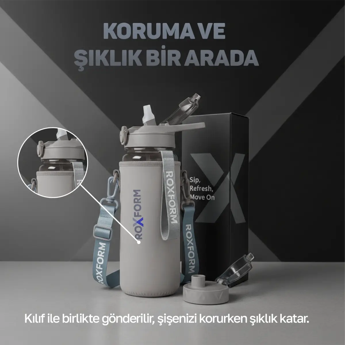 Roxform Suluk Matara 1100 ml, Premium PP Malzeme, Sağlıklı BPA & BPS İçermez, Kılıflı, Çift Kapaklı, Koku Yapmaz, Sızdırmaz ve Dayanıklı, Gri - 11