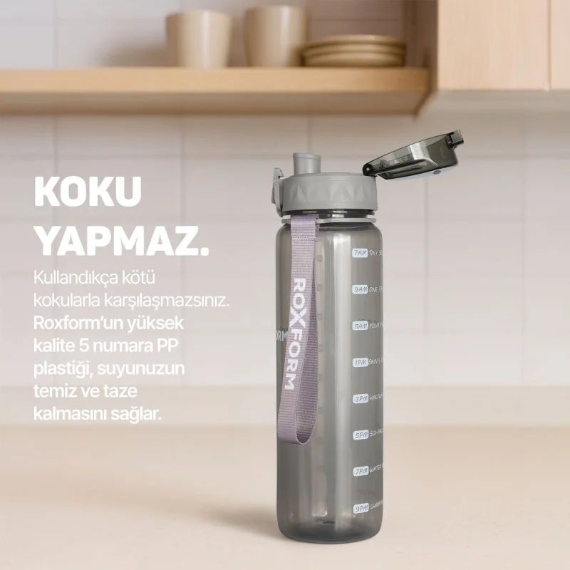 Roxform Suluk Matara 1100 ml, Premium PP Malzeme, Sağlıklı BPA & BPS İçermez, Kılıflı, Çift Kapaklı, Koku Yapmaz, Sızdırmaz ve Dayanıklı, Gri - 7