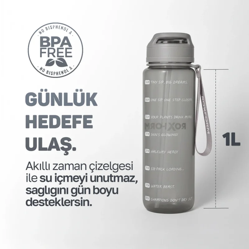 Roxform Suluk Matara 1100 ml, Premium PP Malzeme, Sağlıklı BPA & BPS İçermez, Kılıflı, Çift Kapaklı, Koku Yapmaz, Sızdırmaz ve Dayanıklı, Gri - 8