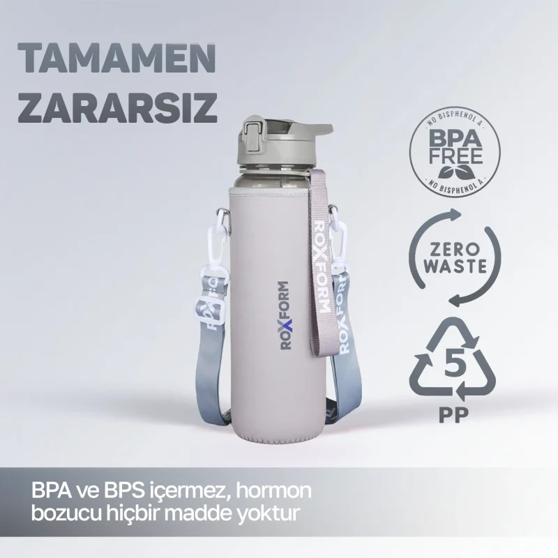 Roxform Suluk Matara 1100 ml, Premium PP Malzeme, Sağlıklı BPA & BPS İçermez, Kılıflı, Çift Kapaklı, Koku Yapmaz, Sızdırmaz ve Dayanıklı, Gri - 9