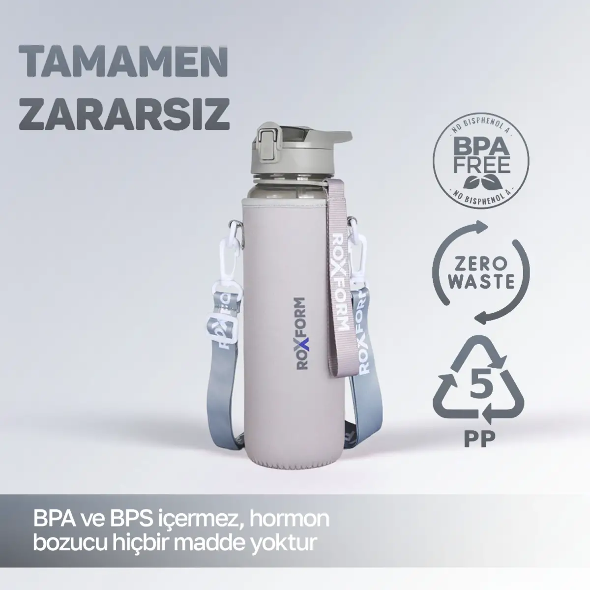 Roxform Suluk Matara 1100 ml, Premium PP Malzeme, Sağlıklı BPA & BPS İçermez, Kılıflı, Çift Kapaklı, Koku Yapmaz, Sızdırmaz ve Dayanıklı, Gri - 9