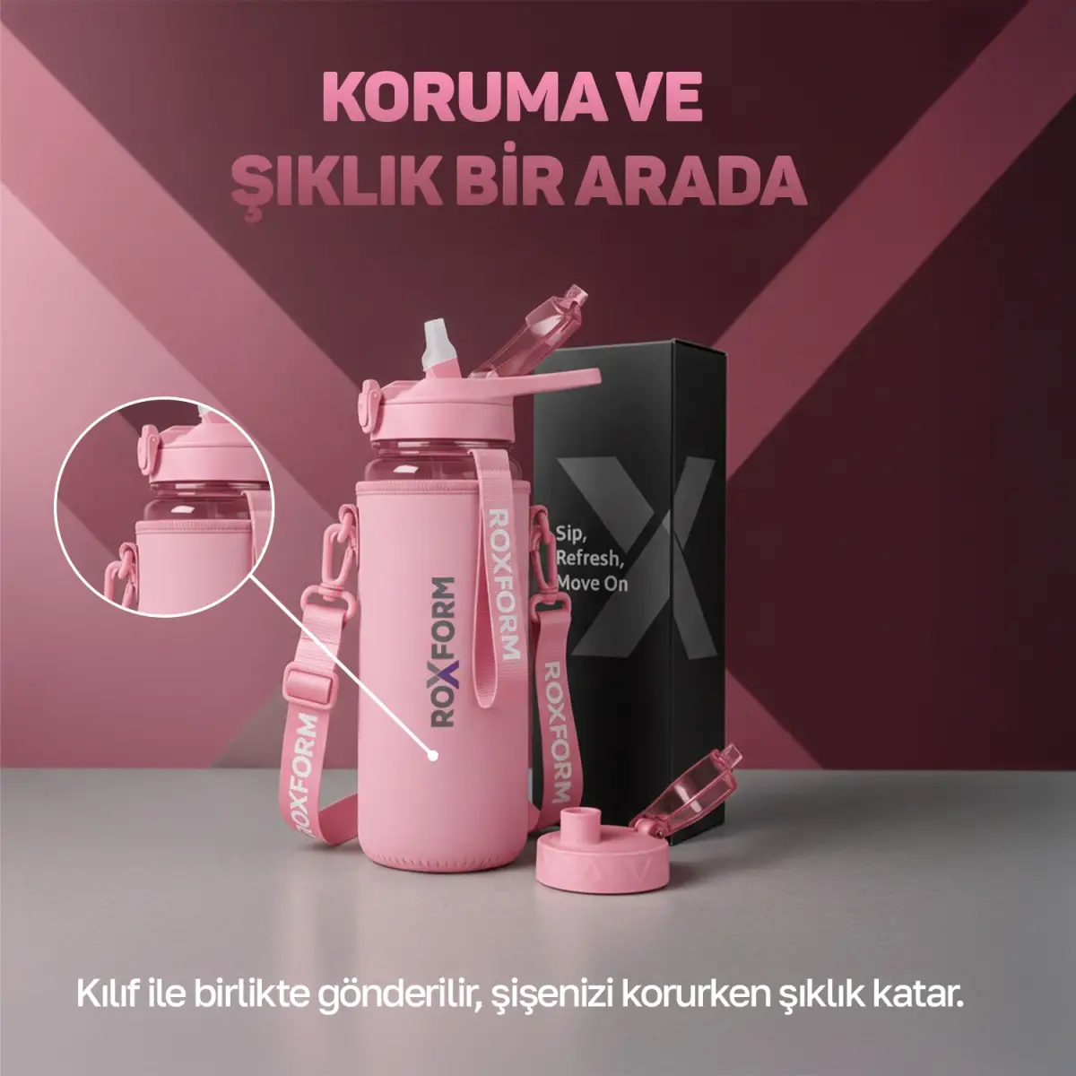 Roxform Suluk Matara 1100 ml, Premium PP Malzeme, Sağlıklı BPA & BPS İçermez, Kılıflı, Çift Kapaklı, Koku Yapmaz, Sızdırmaz ve Dayanıklı, Pembe - 11