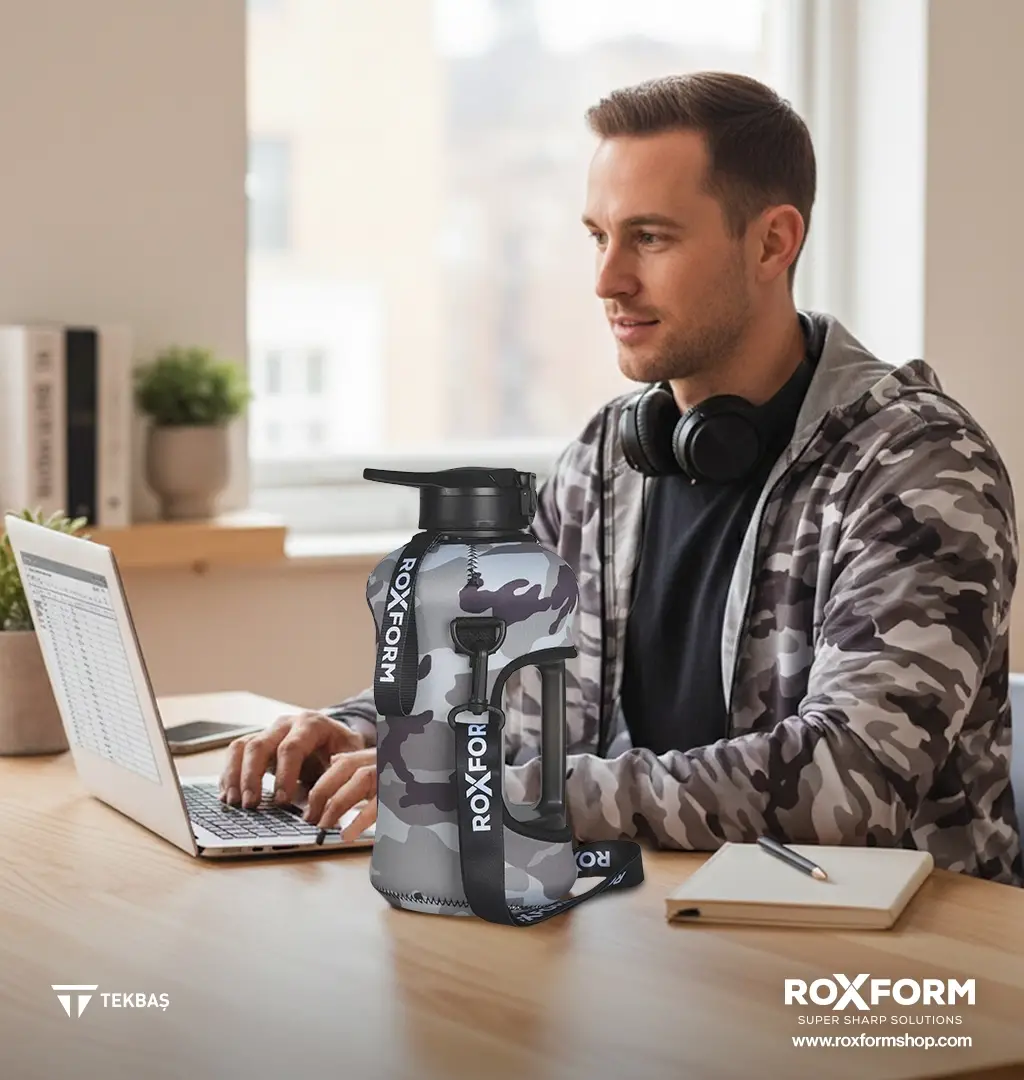Roxform Suluk Matara 2200 ml, Premium PP Malzeme, Sağlıklı BPA & BPS İçermez, Kılıflı, Çift Kapaklı, Koku Yapmaz, Sızdırmaz ve Dayanıklı, Kamuflaj Kılıf, Siyah - 2