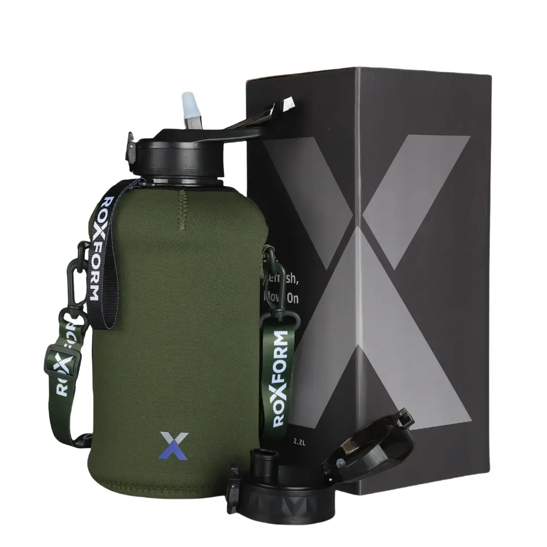 Roxform Suluk Matara 2200 ml, Premium PP Malzeme, Sağlıklı BPA & BPS İçermez, Kılıflı, Çift Kapaklı, Koku Yapmaz, Sızdırmaz ve Dayanıklı, Haki Kılıf, Siyah - 1