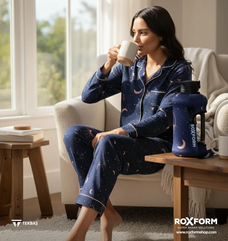 Roxform Suluk Matara 2200 ml, Premium PP Malzeme, Sağlıklı BPA & BPS İçermez, Kılıflı, Çift Kapaklı, Koku Yapmaz, Sızdırmaz ve Dayanıklı, Lacivert Ay Kılıf, Siyah - 2