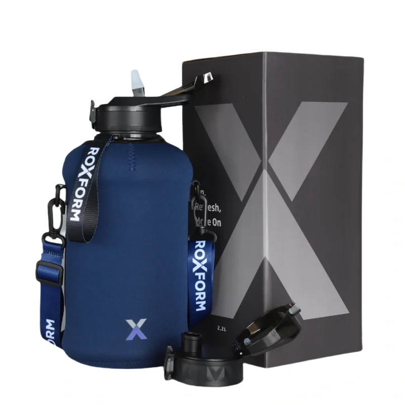 Roxform Suluk Matara 2200 ml, Premium PP Malzeme, Sağlıklı BPA & BPS İçermez, Kılıflı, Çift Kapaklı, Koku Yapmaz, Sızdırmaz ve Dayanıklı, Lacivert Kılıf, Siyah - 1